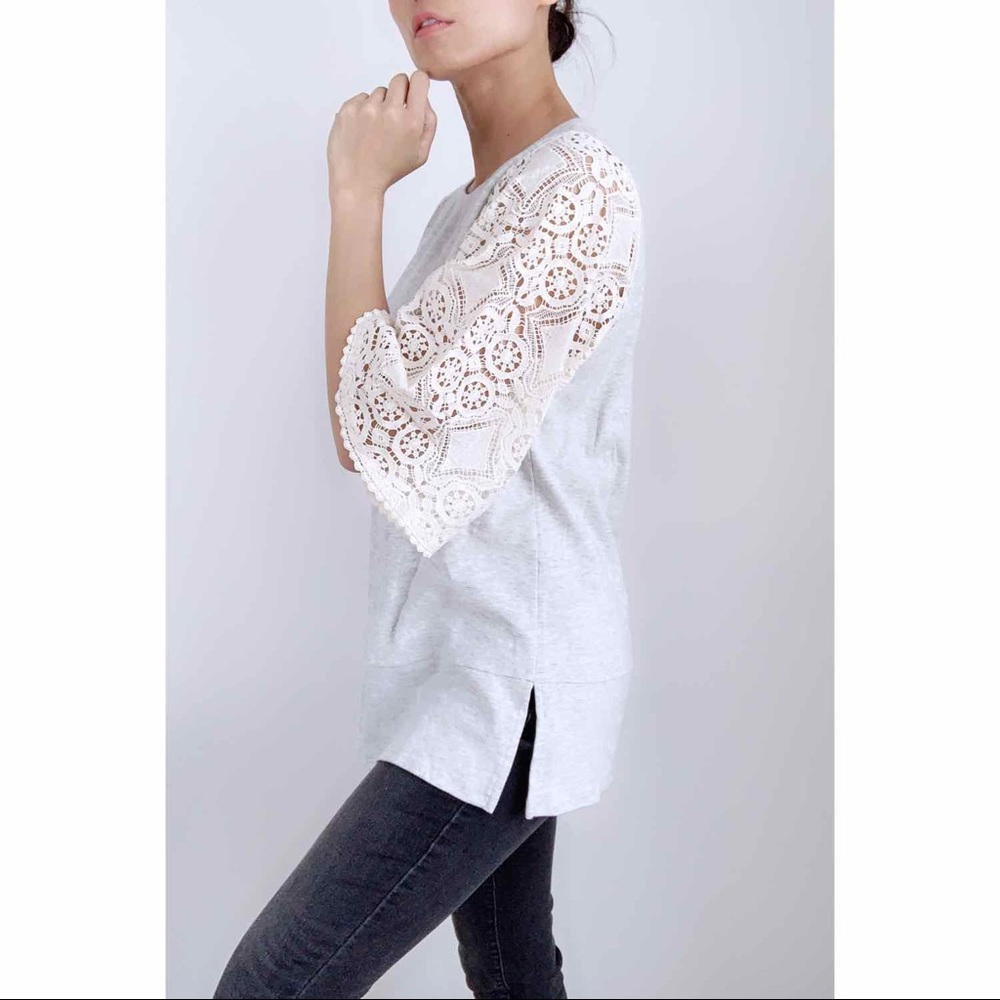 NEW BOHO CROCHETED SLEEVE TOP - WHITE GRAY - Picture 6 of 6